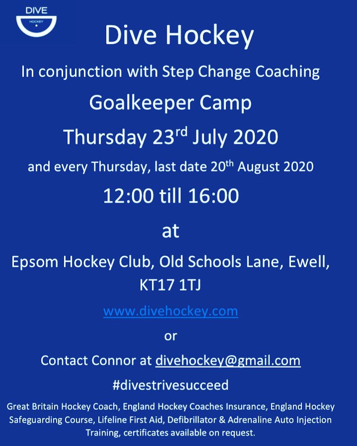 divehockey's tweet photo. If your hockey player needs some time on the pitch before their @SurreyHockey DC Assessment,  then the camps starting next week being run by us and Step Change Coaching @EpsomHockeyClub are the place to be.  GKs on Thursday, Outfielders Monday, Tuesday, Wednesday &amp; Friday https://t.co/NA8q82t9nP