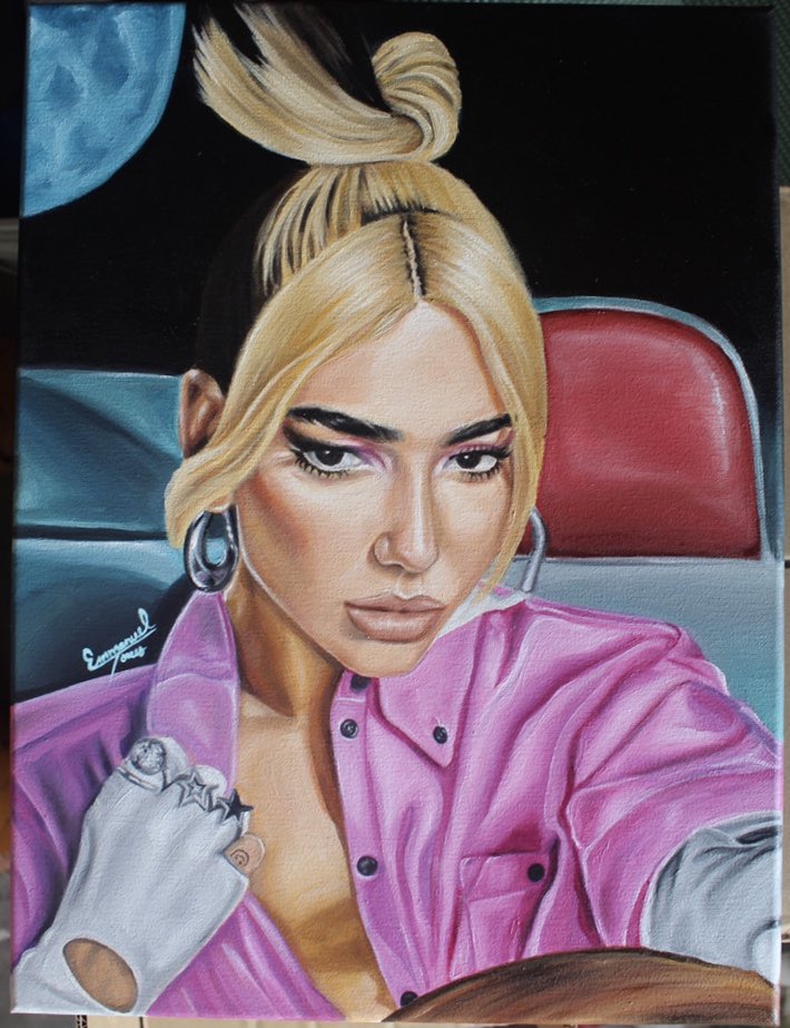 manny_torr's tweet photo. What was once a cat sketch on canvas turned into one of my fav paintings ever! Here are some process pics of my @DUALIPA painting 💖🪐💫🚀 https://t.co/OeltJ0jFEk