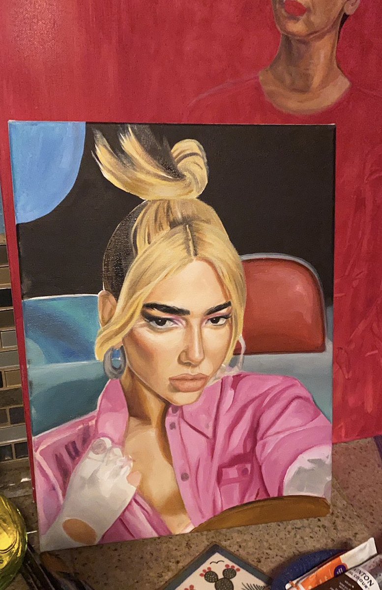manny_torr's tweet photo. What was once a cat sketch on canvas turned into one of my fav paintings ever! Here are some process pics of my @DUALIPA painting 💖🪐💫🚀 https://t.co/OeltJ0jFEk