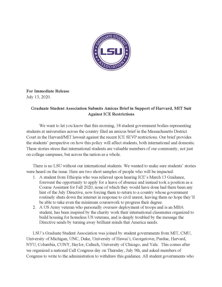 lsugsa's tweet image. GSA filed this morning the following amicus brief in support of the Harvard, MIT lawsuit against the ICE restrictions on international students. 

"International students are valuable members of our community, not just on college campuses, but across the nation as a whole."