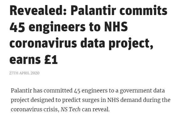 14/. Palantir is building the "Protect Now"  #COVID digital platform for the US Dept of Health as well as one for the NHS.Palantir are reportedly only charging the UK govt £1 for the work which begs the question: "What are they getting out of it?"The answer, no doubt, is data.