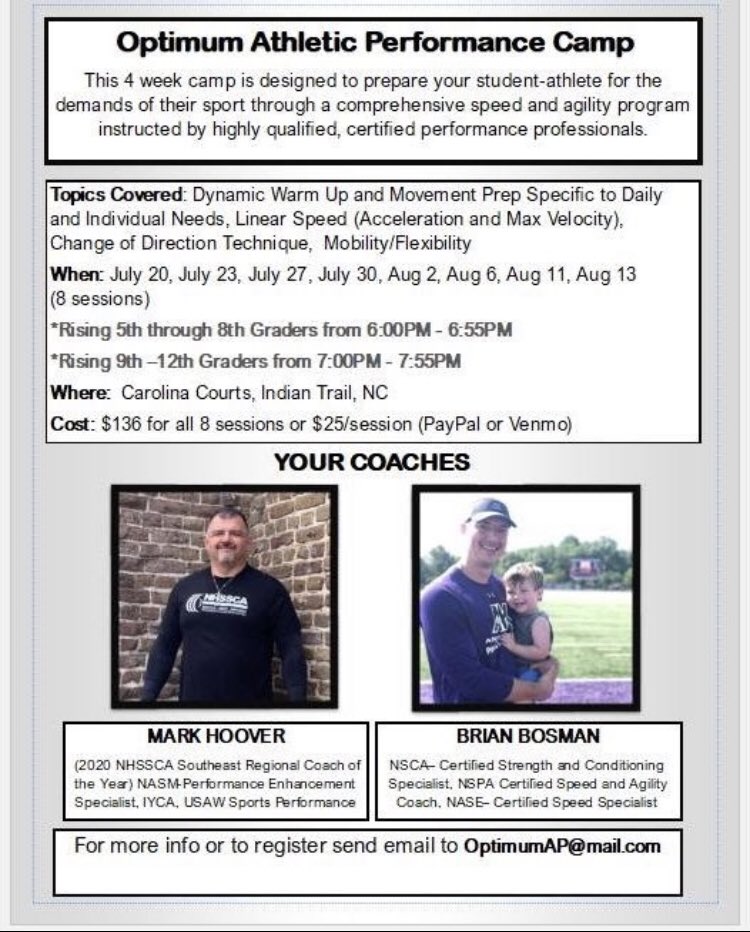 MarkHoover71's tweet photo. Starting Monday for 4 weeks! If you can’t train at school or you can and you would just like to build on what you have done...come and join us We are partnering to have a performance nutrition aspect as well! Charlotte area athletes let’s be the best at getting better! @bosmanb11 https://t.co/bYgp0SuwL6