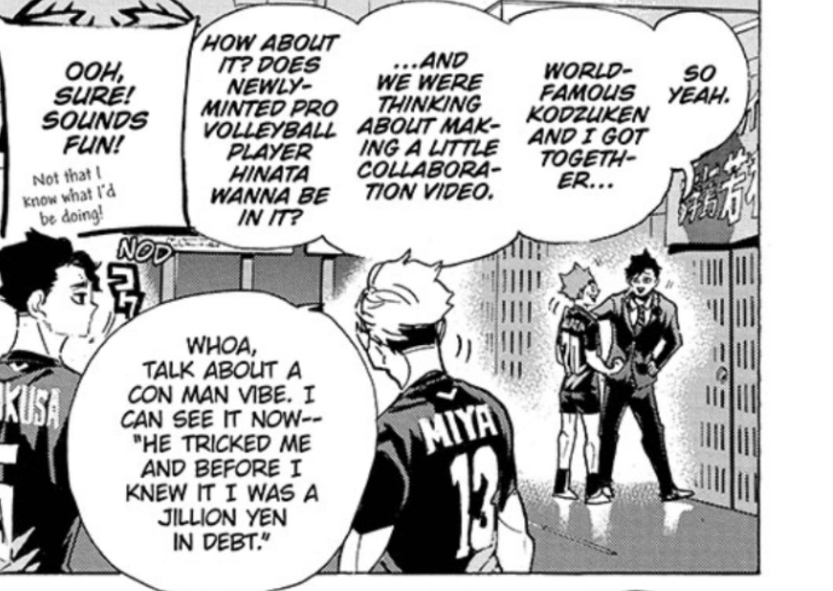 HeyMellieJellie's tweet photo. #ch401 spoilers
Ahahaaaa I love that this is Atsumu's reaction to Kuroo. Priceless. One smooth talking man wary of the other smooth talking man. https://t.co/eogq3I5evO