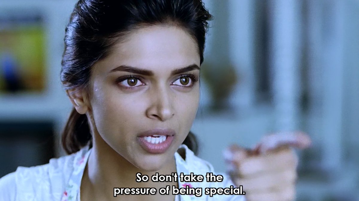 The separation. Veronica becomes something that she wasn't. She attempts to behave normally, becomes extremely possessive, and messes with her beautiful friendship. So, Imtiaz wants to say that Love could ruin the friendship. Right. & the fabulous close-up shot of Deepika. 