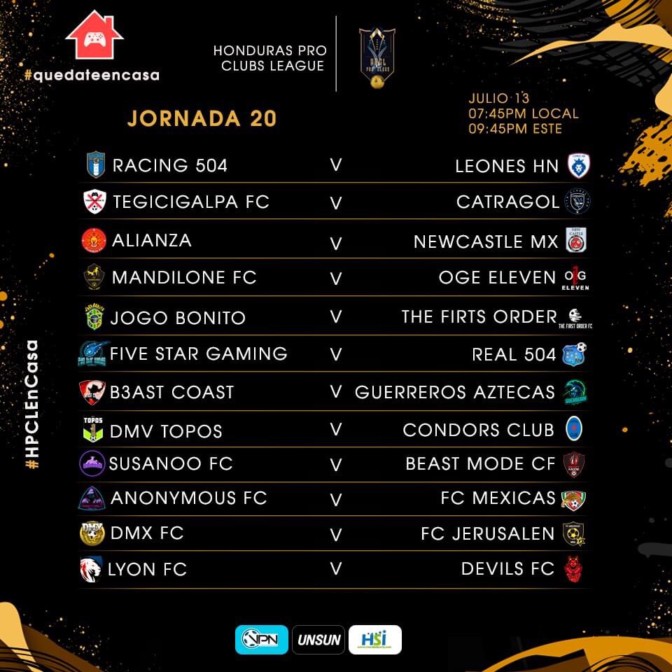 LINAHonduras504's tweet photo. ¡Las Jornadas de hoy en #HondurasProClubsLeague!
🇭🇳 🎮 ⚽️
Jornadas 19, 20 & 21
Partidos arrancan a las 🕢 7:20pm
#QuédateEnCasa #eSportsHonduras #VirtualProNetworkHonduras #VirtualProNetwork #ProClubs #FIFA20 #eSports #FIFAHonduras #VPNHonduras #LINAXBOX #HPCL https://t.co/QpwInaCR8b