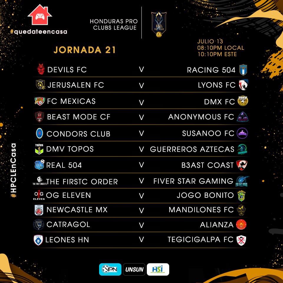 LINAHonduras504's tweet photo. ¡Las Jornadas de hoy en #HondurasProClubsLeague!
🇭🇳 🎮 ⚽️
Jornadas 19, 20 & 21
Partidos arrancan a las 🕢 7:20pm
#QuédateEnCasa #eSportsHonduras #VirtualProNetworkHonduras #VirtualProNetwork #ProClubs #FIFA20 #eSports #FIFAHonduras #VPNHonduras #LINAXBOX #HPCL https://t.co/QpwInaCR8b