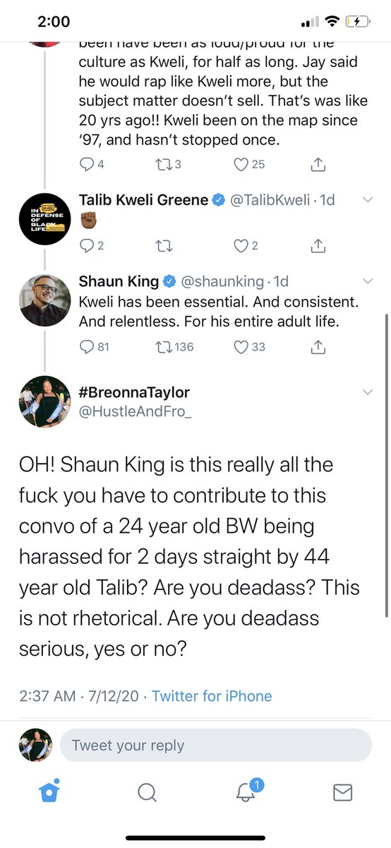 This is all your “activist” and “social justice warrior”  @shaunking had to contribute. Instead of holding Talib accountable for abusing a Black woman on Twitter for 2 days straight at that point, he chose to give Talib props.