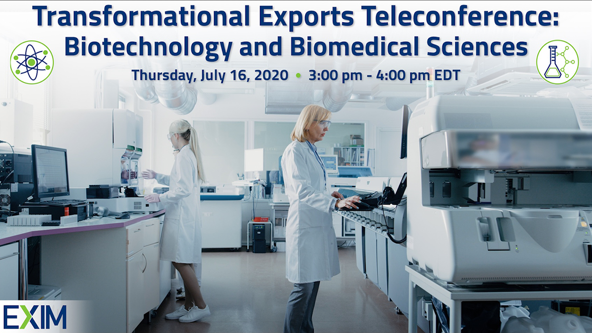 EximBankUS's tweet photo. Join #EXIM’s “Strengthening American Competitiveness” teleconference on U.S. jobs &amp; exports. The industry focuses are Biotechnology &amp; Biomedical Sciences. Hear from Chairman Reed on EXIM’s new Program on China &amp; #TransformationalExports +industry leaders. https://t.co/auiduatTfy https://t.co/tVlvwB4OCd