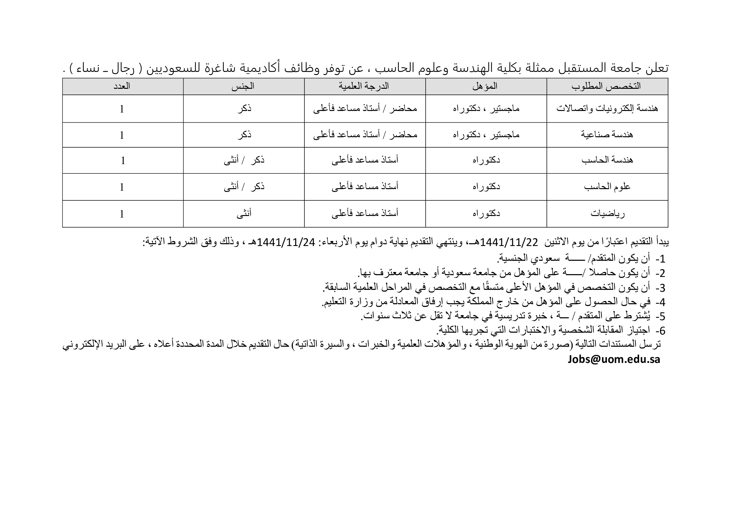 تعلن كلية الهندسة وعلوم الحاسب فى #جامعة_المستقبل عن وظائف أكاديمية للسعوديين ( رجال ــ نساء )

الايميل Jobs@uom.edu.sa

#وظائف_نسائيه #وظائف_اكاديمية #وظائف_شاغرة 
