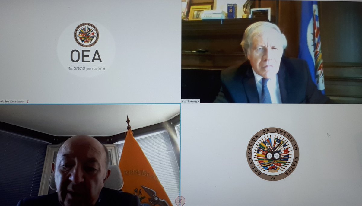 Canciller <a href="/lubegach/">Luis Gallegos Chiriboga</a> conversó con Secretario General OEA <a href="/Almagro_OEA2015/">Luis Almagro</a> para examinar situación región y reforzar multilateralismo solidario e inclusivo en hemisferio fin encarar efectos #Covid_19 y saludó iniciativas #Ecuador acordadas con <a href="/OEA_oficial/">OEA</a>. <a href="/CancilleriaEc/">Cancillería del Ecuador 🇪🇨</a>