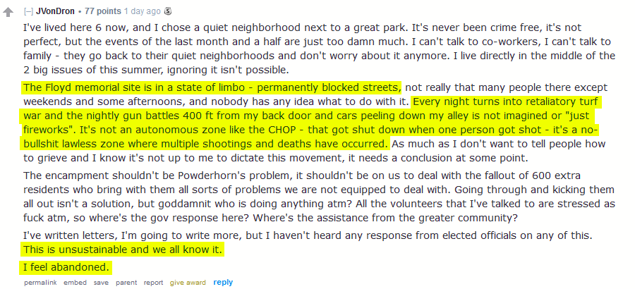 kommandostore's tweet image. Mpls. Resident:

Every night turns into retaliatory turf war... nightly gun battles 400 ft from my back door... It's not an autonomous zone like the CHOP that was shut down when one person got shot—it's a no-bullshit lawless zone where multiple shootings and deaths have occurred.