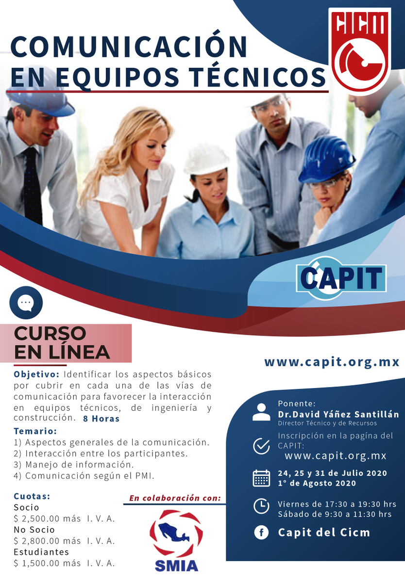 SMIA_OFICIAL's tweet photo. Te invitamos a participar en el #curso "Comunicación en Equipos Técnicos" impartido por el el Dr. David Yáñez Santillán, miembro @SMIA_OFICIAL con gran experiencia en el tema, en colaboración con @CapitOficial. Para mayor información accede a https://t.co/M8O59uzrlO
#comunicacion https://t.co/HzkQkFjhYO
