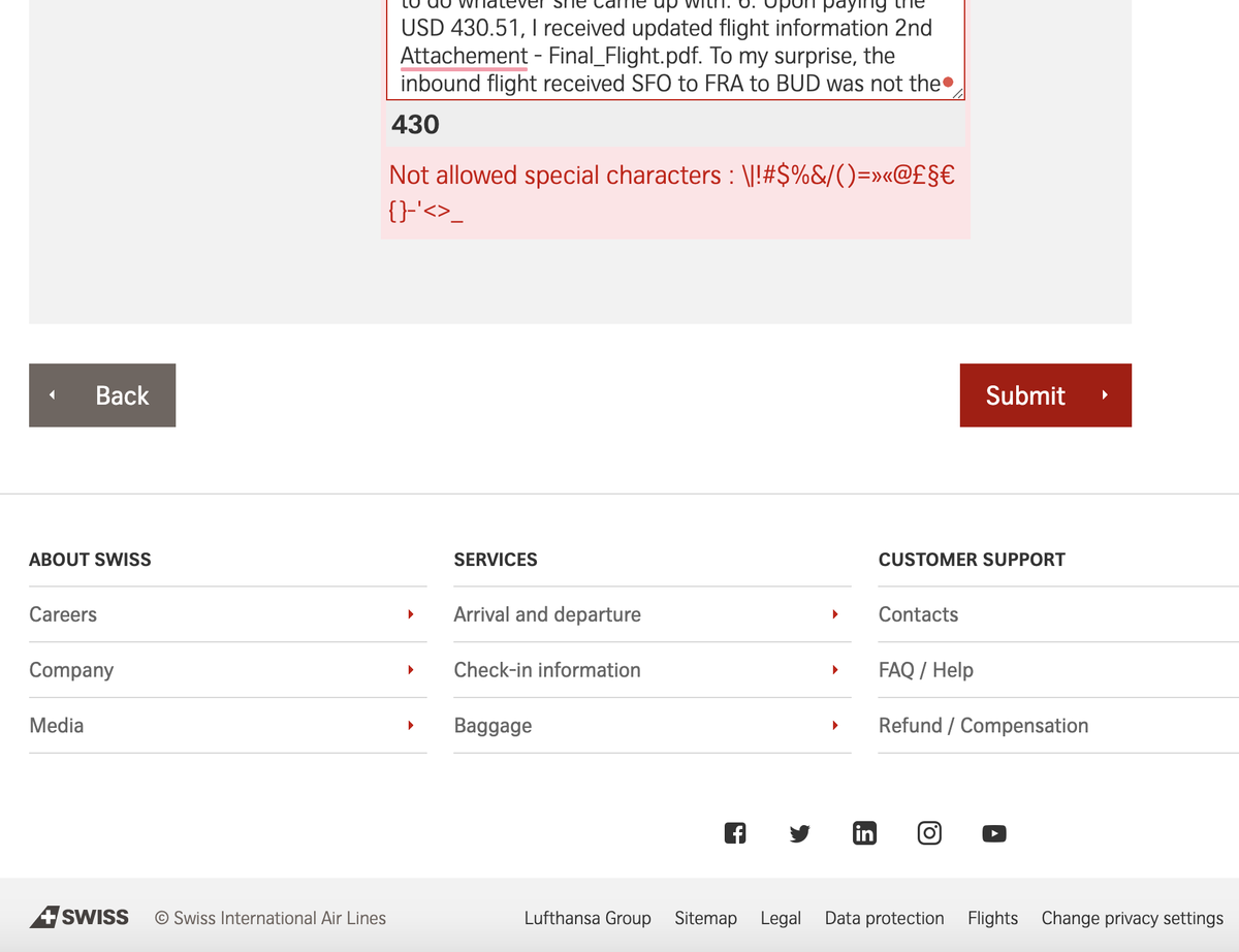 DankoAndrej's tweet photo. Submitting a complaint to @FlySWISS is a RegExp process that I guess most people fail to complete. Such a "clever" way for @FlySWISS to discourage ppl to complain about their deceiving rebooking process luring hundreds of $ from people... https://t.co/CbhKCYEeHW