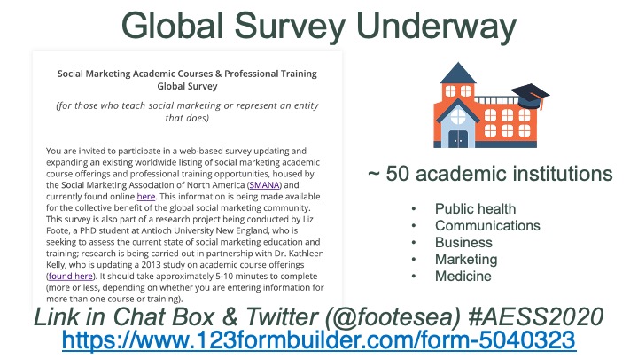  #AESS2020 I'm looking for instances of  #socmar being taught globally, in formal education settings (academic courses & parts of courses) and informal settings (workshops). For those teaching  #socialmarketing in any capacity, please fill out this survey: https://www.123formbuilder.com/form-5040323/ 