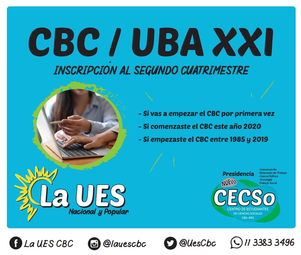 UesCbc's tweet photo. Atención! CBC/UBA XXI: //INSCRIPCIÓN AL 2° CUATRIMESTRE//
Más info: https://t.co/rFpG5qrDps
Cualquier duda escribinos por privado o al whatsapp 1133833496 📱
#cbc #uba #ubaxxi #cbcuba #laues #lauesinforma #inclusiónypermanencia https://t.co/42oCC7hM6n