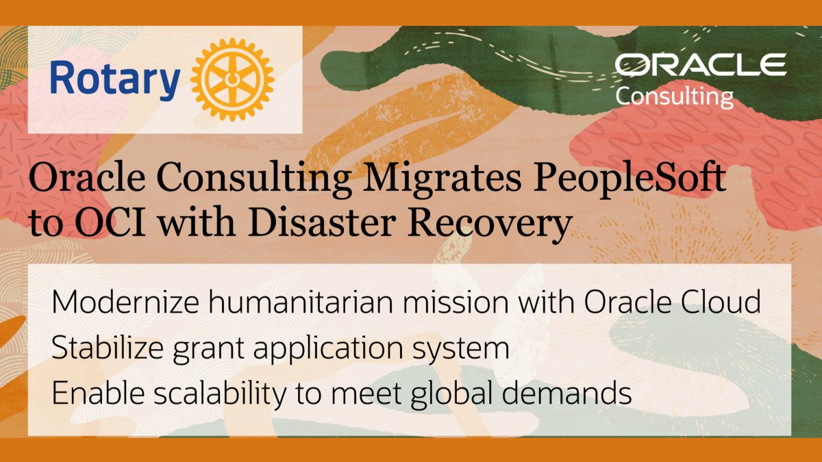 AaronGMillstone's tweet photo. #OracleConsulting is proud to be working with Rotary International to modernize its humanitarian mission with #OracleCloud. Recently, we completed a migration of PeopleSoft to OCI with DR using #OracleSoar, which stabilized its grant application system. https://t.co/gtctgA7PUJ https://t.co/RvHZ23Iqn7