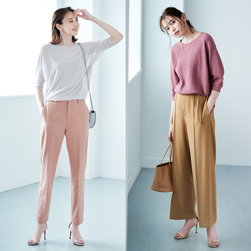 ユニクロ 新作ボトムス Ezyアンクルパンツがスマートパンツ 左 に生まれ変わり新色ピンクが登場 ウエストゴムが見えずシャツインスタイルが気軽に楽しめる ベルテッドドレープワイドストレートパンツ 右 はクレープ素材で上品さが楽しめる1本