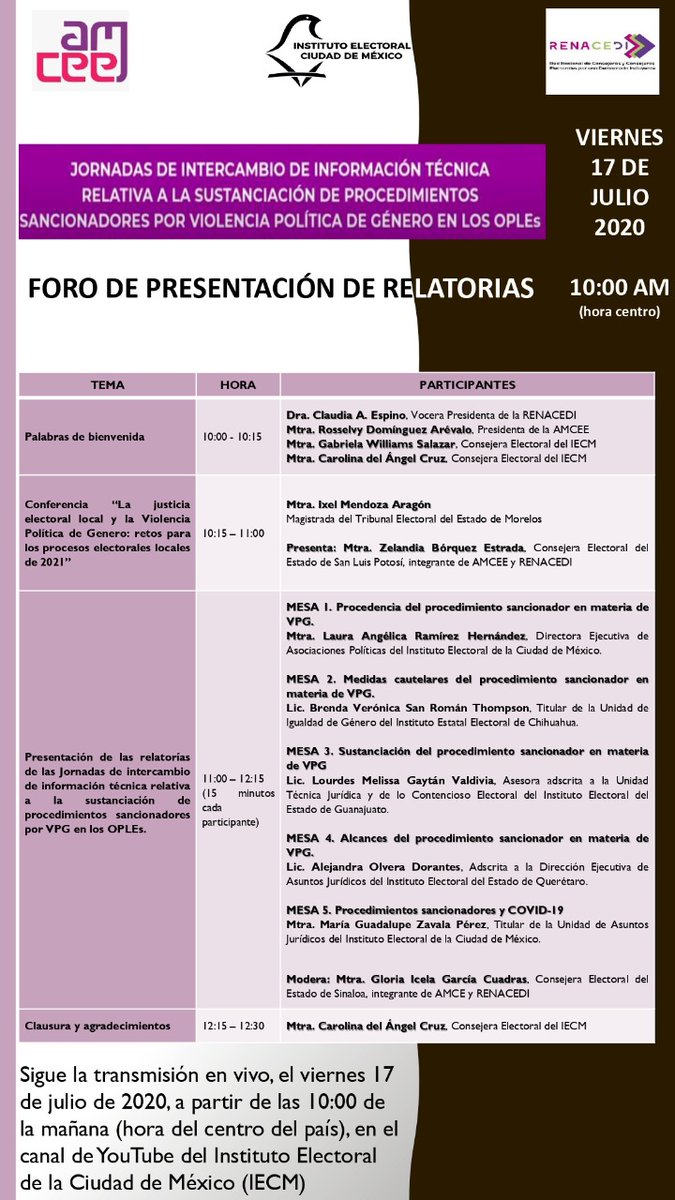del_angel_caro's tweet photo. #relatoríaforo INTERCAMBIO DE INFORMACIÓN DE LOS #OPLS SOBRE LOS PROCEDIMIENTOS SANCIONADORES POR VIOLENCIA DE GÉNERO. @iecm @Renacedi @AMCEE_Mx viernes 17 de julio 10:00 am. Canal de YouTube https://t.co/4ZVoZPirQ4 https://t.co/5hC3mN2FcN