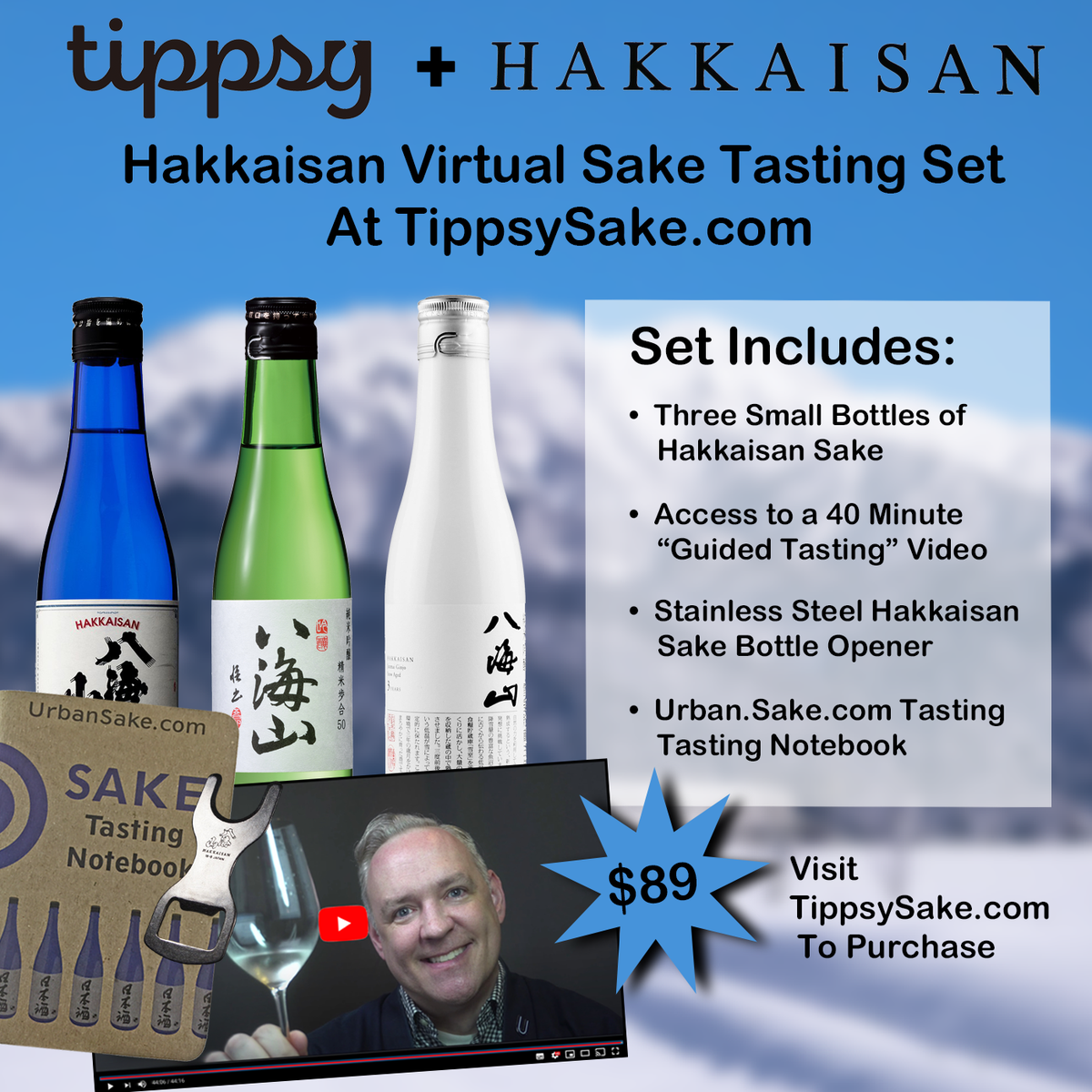 HakkaisanSake's tweet photo. @HakkaisanSake  has partnered with @tippsysake to offer a unique “Virtual Sake Tasting Set” This set contains three Hakkaisan sakes, access to a 40 minute guided tasting and sake seminar recorded by Sake Samurai Timothy Sullivan &amp; other extras. More Here: https://t.co/aR7jKq1ijz https://t.co/2NwXQw2N1r
