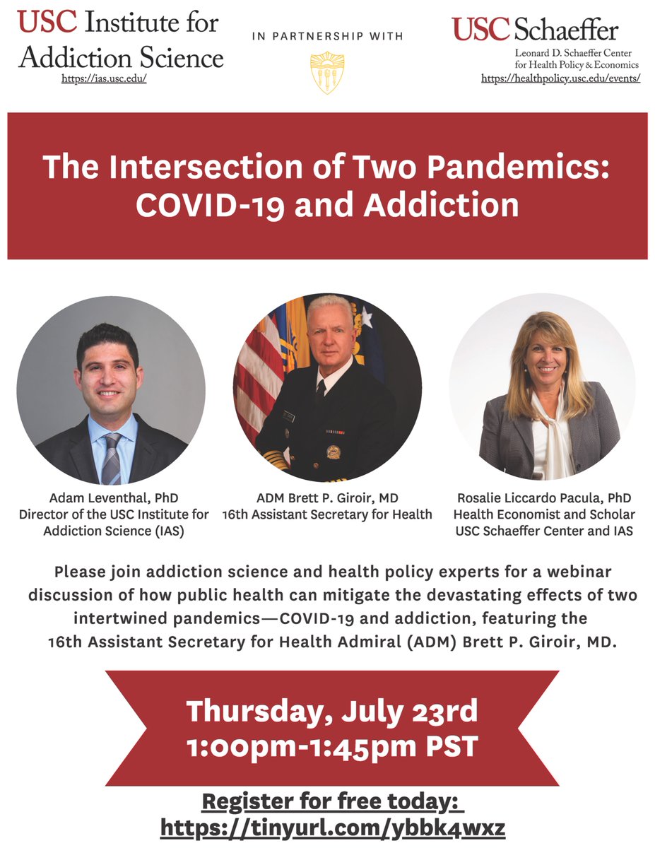 AdamMLeventhal's tweet photo. 📢 Calling all #Addiction and #PublicHealth folks! Exciting @IASatUSC &amp; @SchaefferCenter webinar- "Intersection of Two Pandemics: COVID-19 &amp; Addiction" featuring @HHS_ASH ADM Brett Giroir &amp; @PaculaRosalie. 6/23@1PM PDT. 100% open to the public! Register: https://t.co/6C9gsU3IKB https://t.co/G5TpuZ0mmr