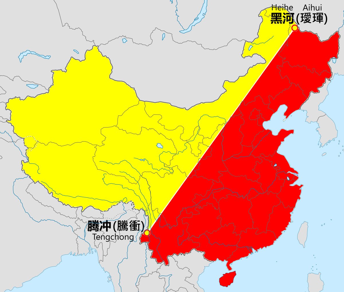  #triviathis is what every Chinese student learns in geography class at school: the heihe-tengchong lineHu Huanyong first proposed this in 1935 (!) 94% of the population lives in the red area the last image is QQ activity heatmap...