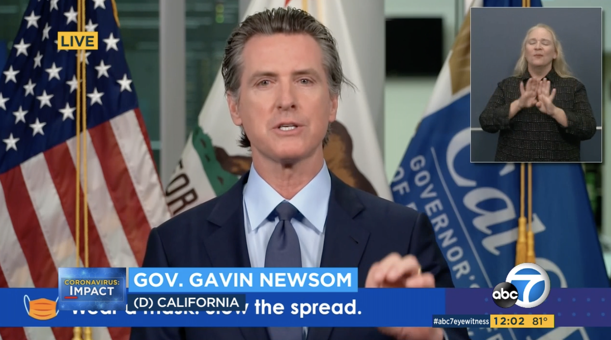 ABC7's tweet photo. #LIVE: @GavinNewsom announces that ALL counties in California must stop all in-door operations in restaurants, wineries, movie theaters, family entertainment, zoos, museums, cardrooms, and bars https://t.co/APEWqflRSQ https://t.co/VpOlZDsvaZ