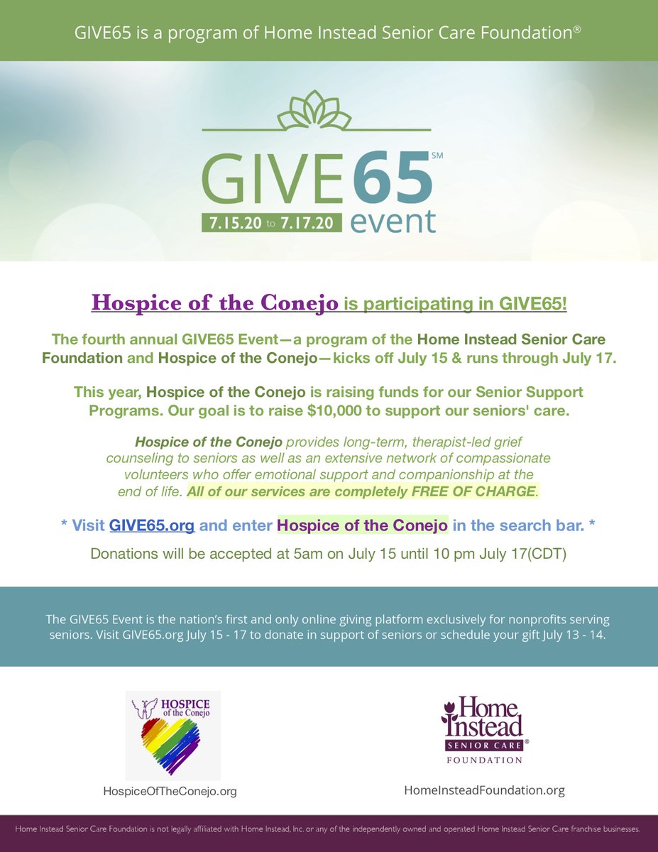 HOC is participating in Give65—the nation's first and only platform dedicated exculsively to non-profit organizations serving seniors. Help us reach our goal of $10,000! Early donations are matched up to $5,000! Now - July 17th! give65.org/hospiceothecon…