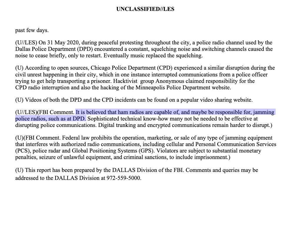 FBI Dallas Division warning on June 2 that ham radios might be being used "by individuals who subscribe to an anti-government/anti-authority ideology" to jam law enforcement radios.  #BlueLeaks