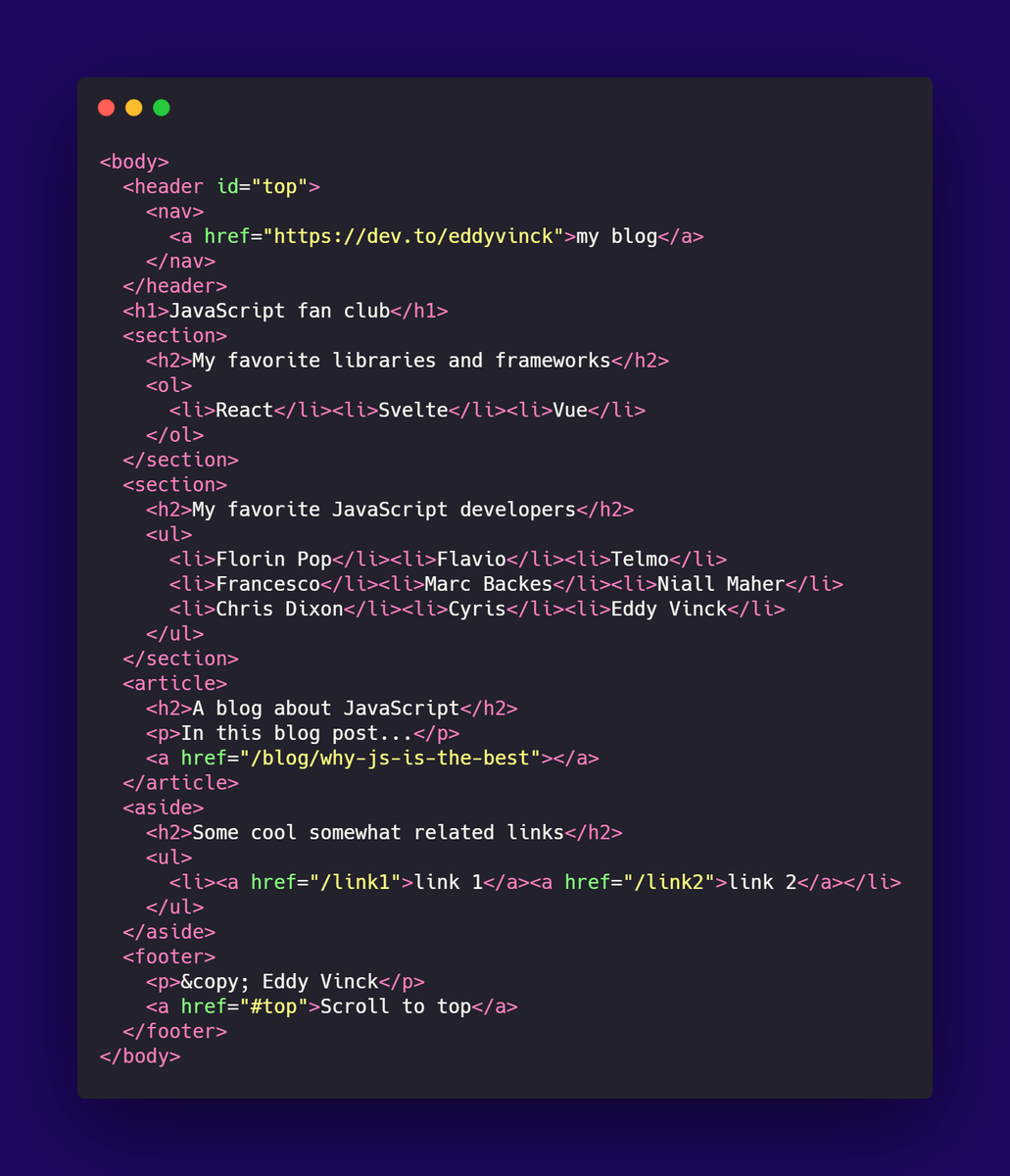 EddyVinckk's tweet photo. HTML tags you're not using but you should know about

Believe it or not, there is more than just <div> 😉

Start using these! #100DaysOfCode

A thread

🧵⬇️ https://t.co/xpq0C3ragf