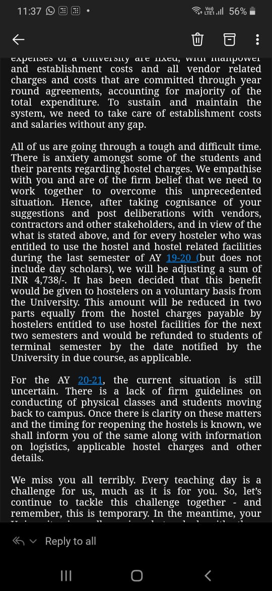 sahaj_mamgain's tweet photo. We were told to vacate our hostles by March 20th. Other colleges still have students in their campuses.
The tuition fee didn't change either.
A ₹5000 refund for a hostel fee over a lakh and calling it voulentary is utter bullshit and has to be called out.
#BennettNeedsHelp https://t.co/6LTHNpQFc3