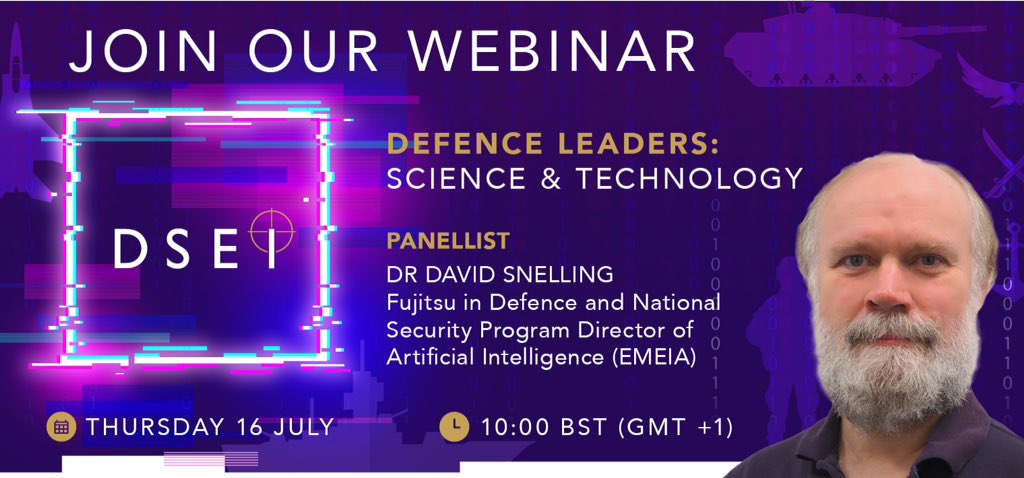DSEI_event's tweet photo. This Thursday (16 July 20) at 10:00 (UK) we will be hosting our #Defence Leaders #webinar on #Science and #Technology featuring @Fujitsu_Defence's Dr David Snelling, #AI Programme Director.
For more info, visit: https://t.co/I64XyBAwLw
#DSEI #Innovation https://t.co/TIzoMpvNOA