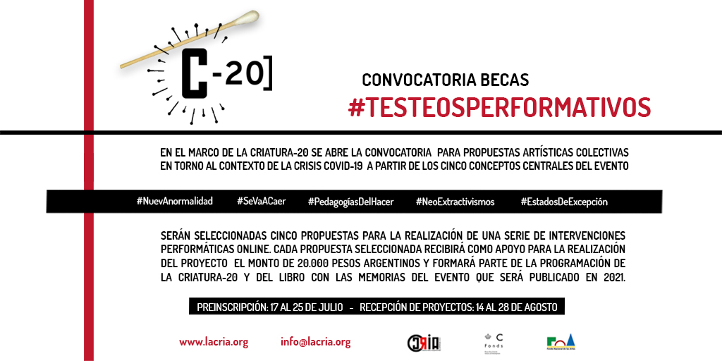 CivilCria's tweet photo. CRIA, en el marco de La Criatura -20, convoca a participar de las  BECAS #TesteosPerformativos
👉🏽 Serán seleccionadas cinco (5) propuestas online, que recibirán como apoyo el monto de $20.000 (veinte mil pesos argentinos.) Bases y condiciones en  https://t.co/49HkLwU1wk https://t.co/nZoKamsiXu