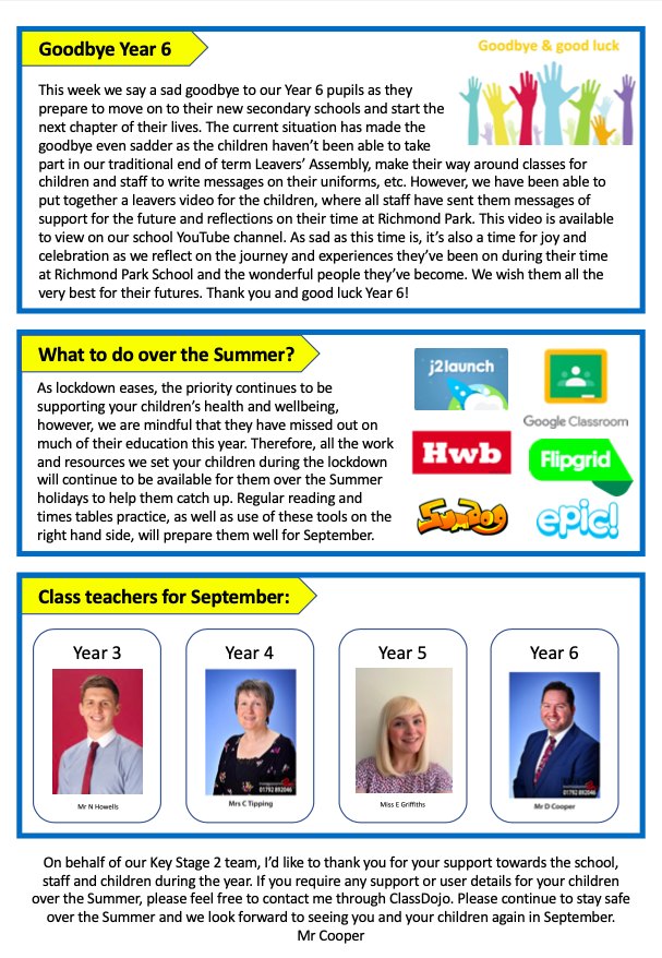 DeputyDCooper's tweet photo. KS2 Newsletter @RichmondParkCPS:
Parents/carers - Thank you all so much for your continued support towards the school this year, especially after what has been a very challenging time for everyone. Have a great Summer and #StaySafeRPS ππ»
https://t.co/fDpk7PfqHy https://t.co/foJATbifUj