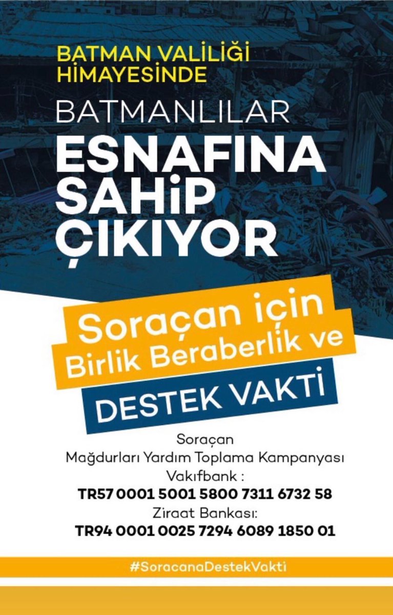 Haydi Batman Birlik beraberlik ve destek vakti; <a href="/batmanvaliligi/">Batman Valiliği</a> himayesinde başlatılan,Soraçan mağazasına destek olalım. 
#soracanadestekvakti     
<a href="/Batmantso/">BATSO</a> <a href="/arifguness/">Arif GÜNEŞ</a> <a href="/a_kadirdemir/">A.Kadir DEMİR</a> <a href="/abdulkadrozer/">abdulkadir özer</a> <a href="/KiracKoroglu46/">Köroğlu KIRAÇ</a> <a href="/aakifgur/">Av.A.Akif Gür</a> <a href="/BatmanBelTr/">Batman Belediyesi</a> <a href="/selmannasiroglu/">M.Selman Nasıroğlu</a>