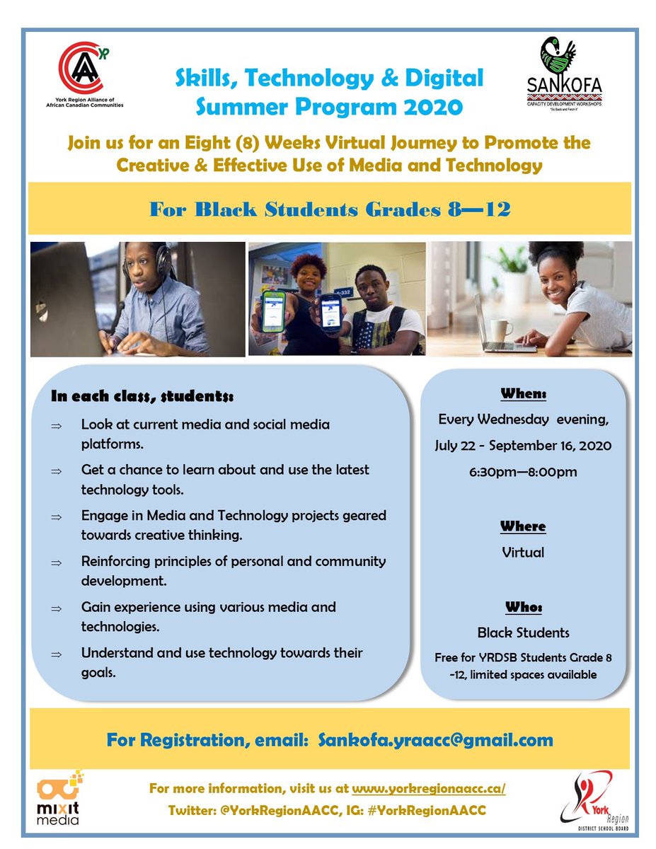 YRDSB's tweet photo. ICYMI: @YorkRegionAACC is hosting a skills, technology and digital summer program from Black Youth Grades 8-12. 

This 8 week program is a virtual journey to promote the creative and effective use of media and technology. 

Begins July 22. 

Learn more: https://t.co/NSdBkbdUc1 https://t.co/ABrki7ygqB