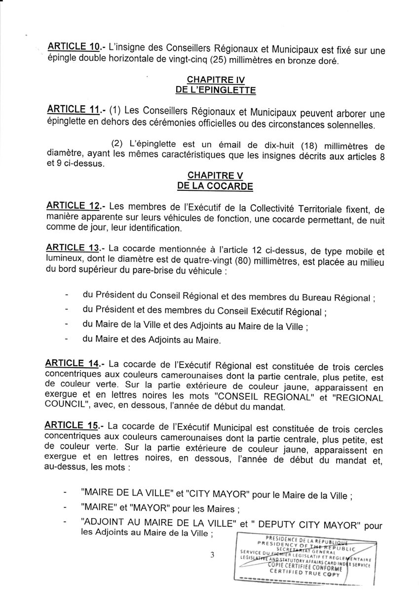 President Paul Biya On Twitter Decret Determinant Les Caracteristiques Des Attributs Et Insignes Des Conseillers Regionaux Et Municipaux Paulbiya Cameroun Https T Co Bf4jsbg0vq