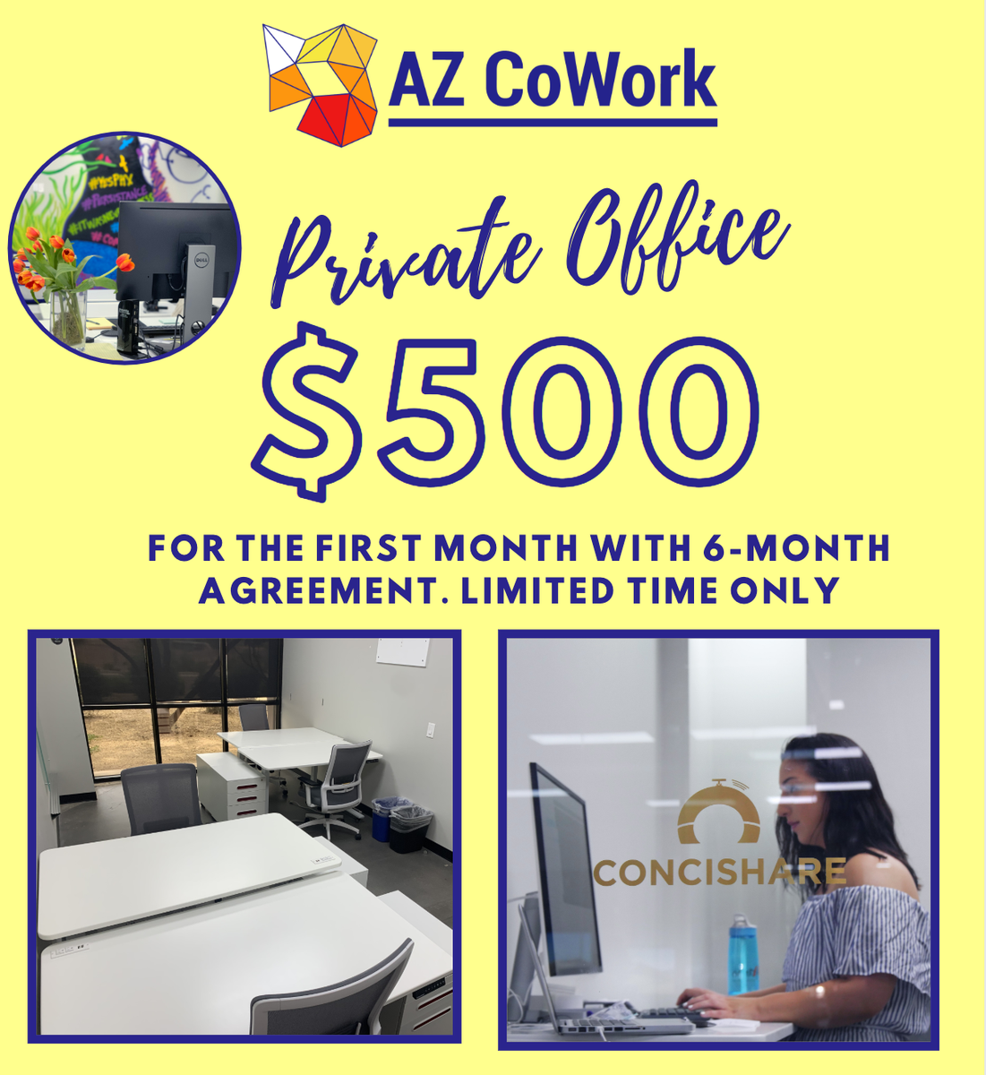 Limited availability, reserve yours today by emailing info@azcowork.com! Includes sit-to-stand desk, chair, and filing cabinet as well as WiFi, printing, access to conference rooms and mailing address. Soda, snacks, and coffee are also provided at no additional cost. 👩🏼‍💻👨🏽‍💻 #yesPHX