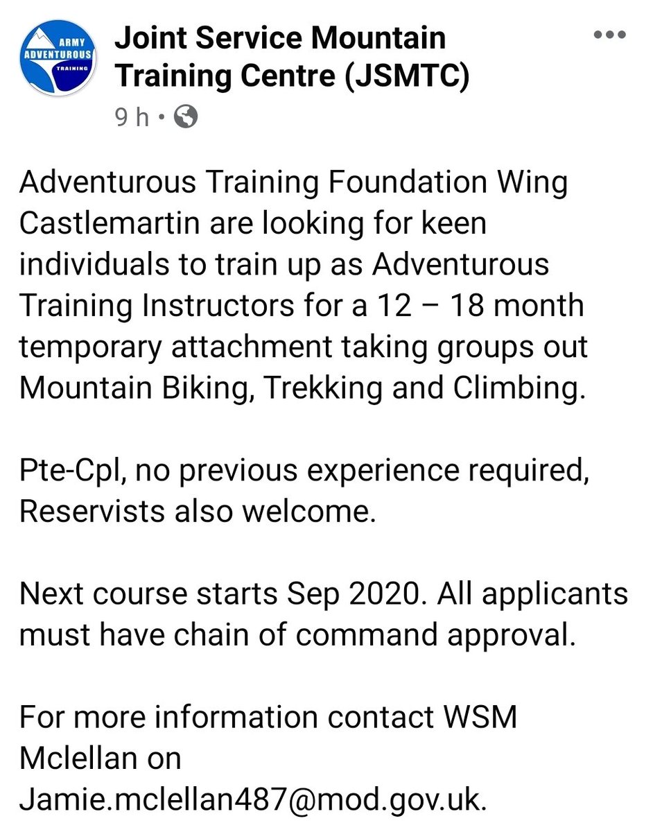 RAPTC Corps Sergeant Major (@raptc_corps_sm) on Twitter photo This is an incredible opportunity. Send away a JNCO for 12-18 months and get back an Adventurous Training Instructor who can start to take the lead on Unit AT activities. #Leadership #Development @JSMTC_HQ <a href="/ArmySgtMajor/">British Army Sergeant Major Carney</a> <a href="/RAPTC_Official/">Royal Army Physical Training Corps</a> This is an incredible opportunity. Send away a JNCO for 12-18 months and get back an Adventurous Training Instructor who can start to take the lead on Unit AT activities. #Leadership #Development @JSMTC_HQ <a href="/ArmySgtMajor/">British Army Sergeant Major Carney</a> <a href="/RAPTC_Official/">Royal Army Physical Training Corps</a>