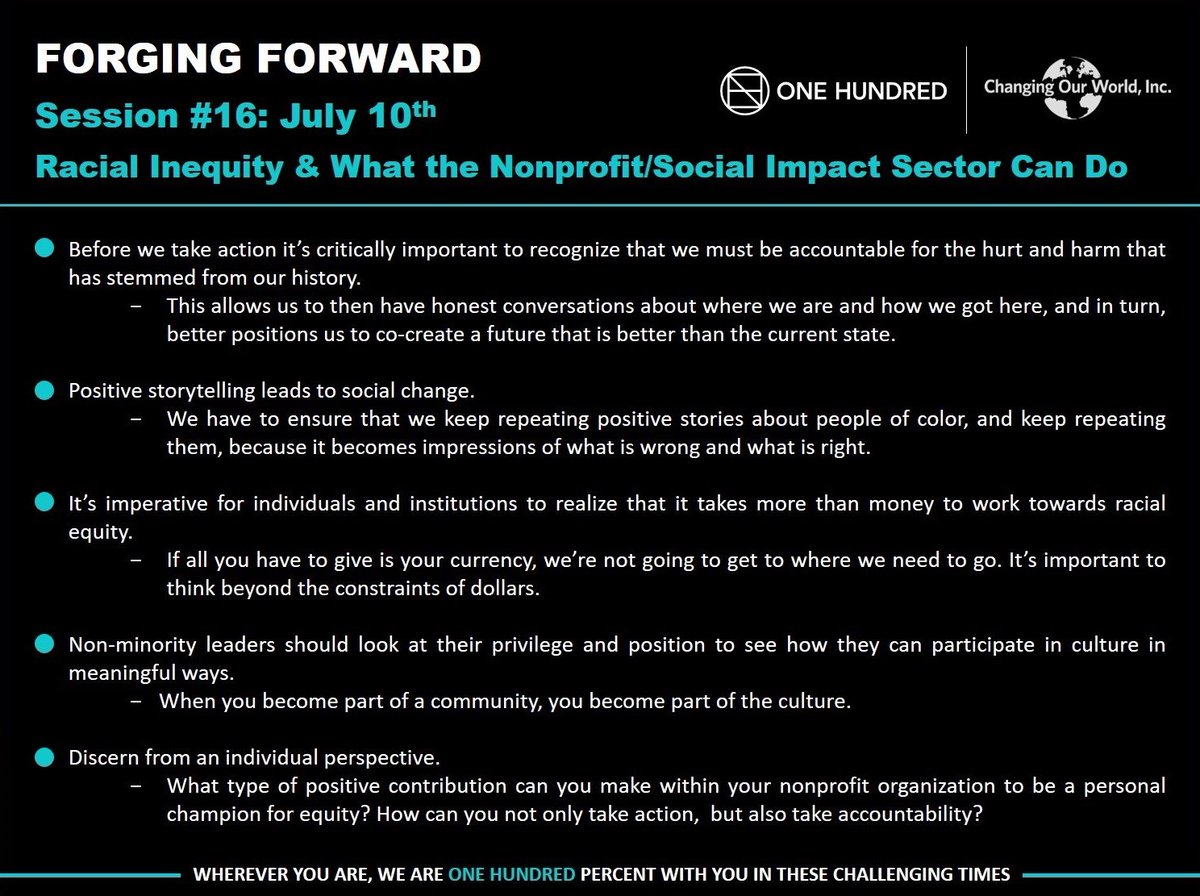 1hundredagency's tweet photo. If you missed our 16th #FORGINGFORWARD session on #RacialInequity you can watch the full session here: https://t.co/mGH1autqFD Thanks to our guests 
Forest T. Harper Jr., @DiverStar &amp; @tycely
for a great discussion! https://t.co/qAkDS9sFcs