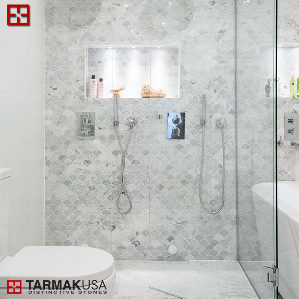 tarmakusa's tweet photo. Fish Scale shaped marble mosaics on mesh are suitable for wall and floor applications in bathrooms, kitchens and living areas.
#tarmakusa #tiles #flooring #mosaics #interiordesign #homeremodel #interiordesign #bathroomdesign #showerwall https://t.co/pC48OVqx0g
