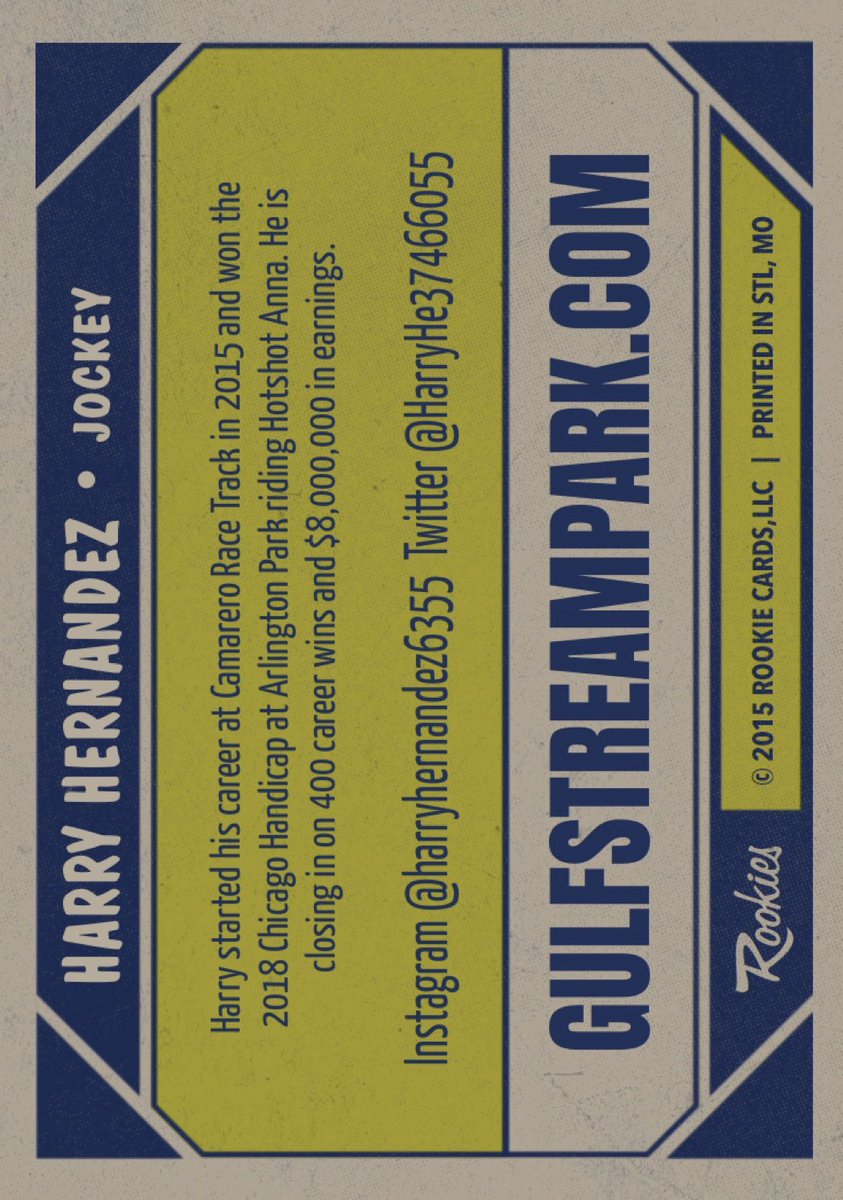 GulfstreamFanGQ's tweet photo. Harry Hernandez - Gulfstream Park 2020 Spring-Summer Meet Virtual Jockey Trading Card (front &amp; back). @HarryHe37466055 #HarryHernandez #GulfstreamPark #2020SpringSummerMeet #HorseRacing #Jockeys #VirtualTradingCards https://t.co/X2YUWNfjhP
