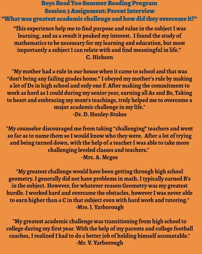 At the conclusion of our third session, we asked our parents to reflect on the question, “ What was greatest academic challenge and how did they overcome it?”  Here are a few of our parents responses.
