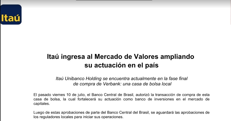 acostasamu's tweet photo. #Itaú se mete al negocio #bursátil paraguayo con la compra de #Verbank, una casa de bolsa local. De este modo, ingresa un nuevo jugador a un mercado de valores que cada año está crece a niveles récord. Para el 2020, se espera un volumen de negocios en PY de US$ 1200 millones. https://t.co/O01aKpRIGp
