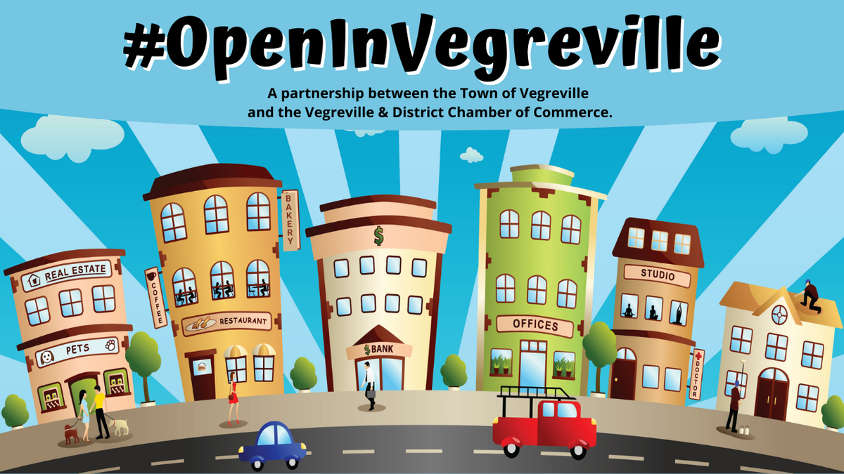 VegrevilleAB's tweet photo. We're so excited to be teaming up with the @VegChamber  for our #OpenInVegreville campaign! For the next several months, we'll be featuring local businesses on our YouTube page (https://t.co/v1jzR4kjAD) to show the region that we're #OpenInVegreville! https://t.co/ShH9LGb0nj