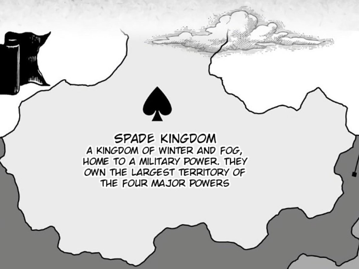 Niflheim and Spade kingdom:Both are described by similar words like coldness, winter, mist ,ice ,etc.Spade kingdom is the northern kingdom and Niflheim is also mentioned to be north (?) (I dont really know about this one)