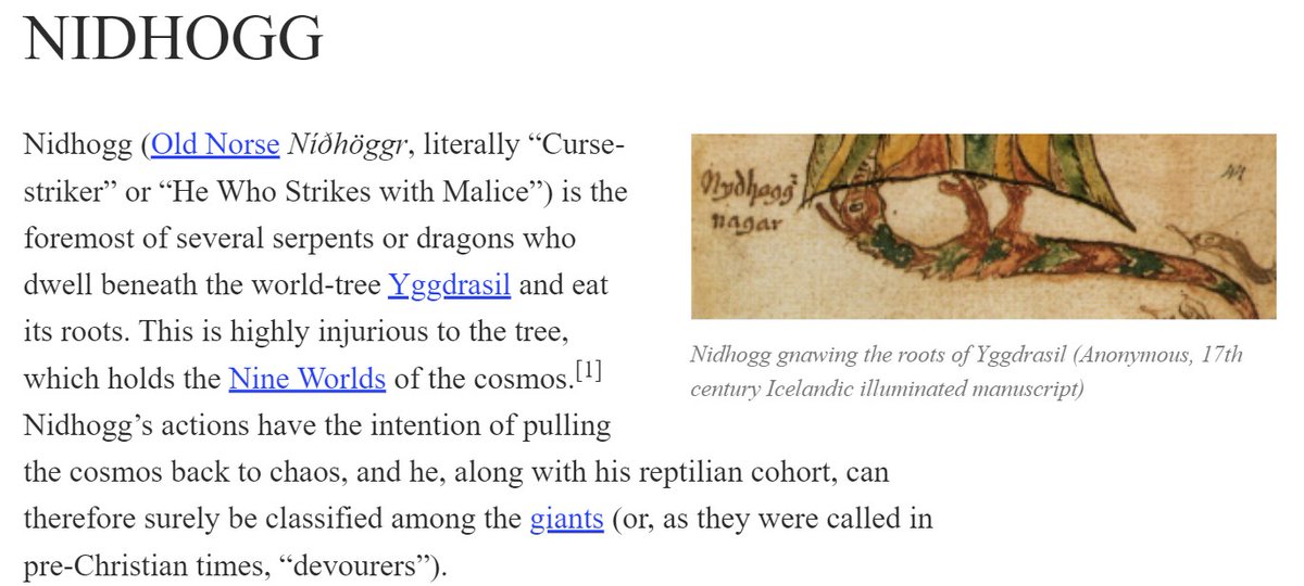 There is a serpent/dragon called Nidhogg gnawing at the root of the tree near Niflheim and is literally called "CURSE striker" or "he who strikes with MALICE".....doesn't that sound familiar?Julius also mentions "ancient horror which slumbers" which might be related to this