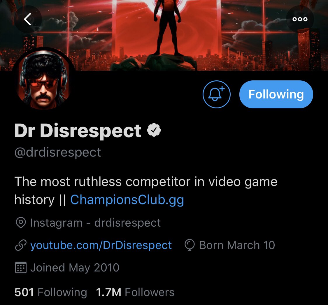 В Twitter Dr Disrespect теперь ссылка на YouTube, а не на Twitch