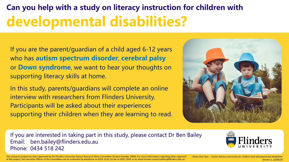 <a href="/JArciuli/">Prof Joanne Arciuli</a> &amp; her <a href="/Flinders/">Flinders University</a> team need parents of children with #Autism #CerebralPalsy or #DownSyndrome help design accessible online literacy program. Pls RT <a href="/FlindersCFI/">Flinders Caring Futures Institute</a> @AutismSpectAust <a href="/ASfAR_autism/">ASfAR</a> <a href="/DownSyndromeAu/">Down Syndrome Aus</a> <a href="/CPA_Research/">Cerebral Palsy Alliance Research Institute</a> <a href="/DrBenBailey/">Ben Bailey</a> <a href="/PammiRag/">Pammi Raghavendra</a> <a href="/FionaRillotta/">Fiona Rillotta</a> @theDrDazz