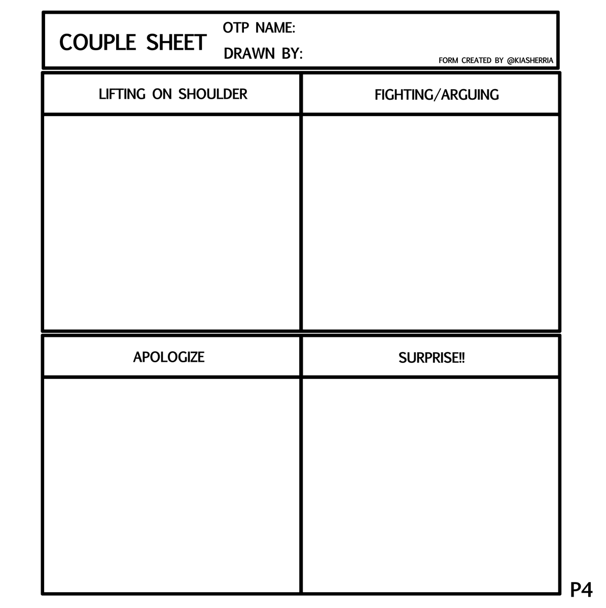 A cute sheet to fill out for your ship and OTP. ?
Please feel free to take those and use or modify the options.
Those are large PNG. You can just draw under the layers, the frames are already filled. (The black parts are transparent for your layers.)
Have fun?
#16OTPChallenge 