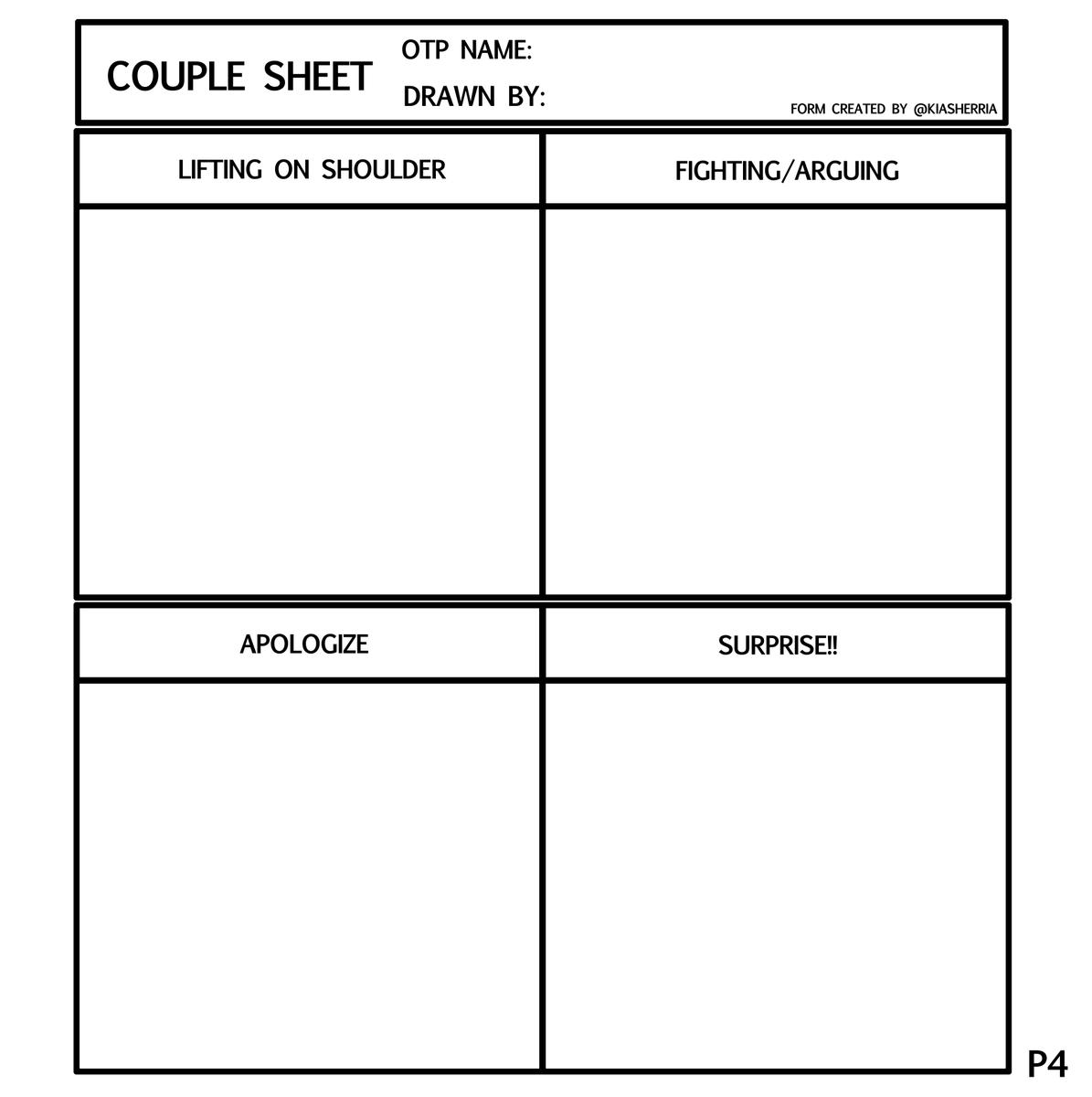 A cute sheet to fill out for your ship and OTP. ?
Please feel free to take those and use or modify the options.
Those are large PNG. You can just draw under the layers, the frames are already filled. (The black parts are transparent for your layers.)
Have fun?
#16OTPChallenge